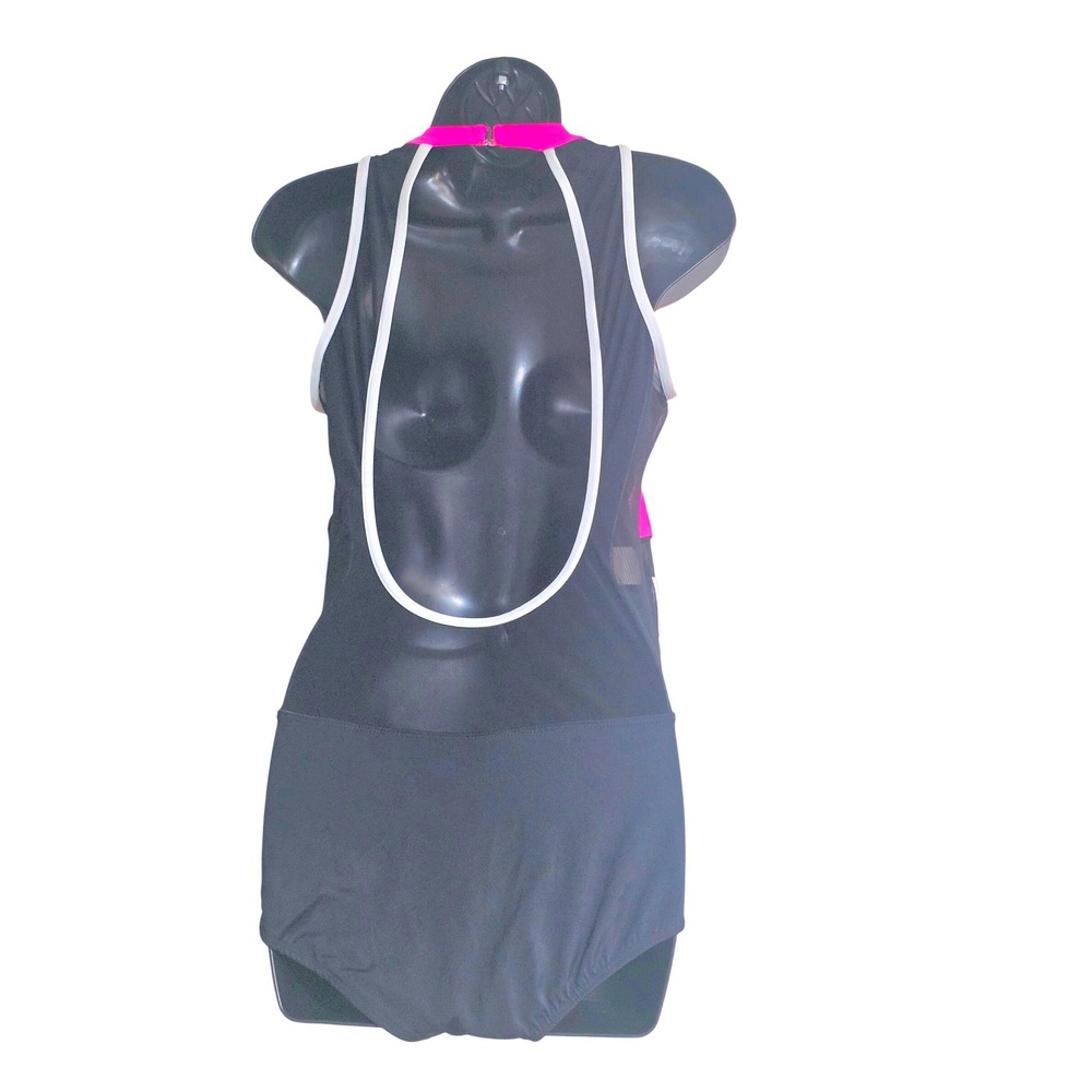 Kandi Kouture Neon Pink Black White Colorblock Dance Leotard AL High Neck Mesh - Picture 2 of 10